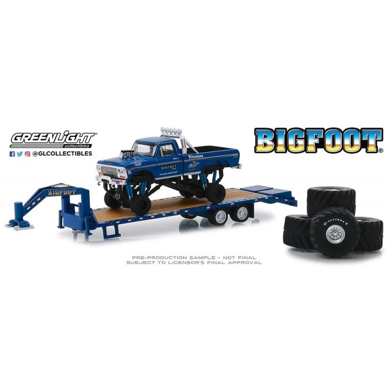 Greenlight Ford F250 Bigfoot nº 1 Monster Truck con Trailer y Juego de Ruedas