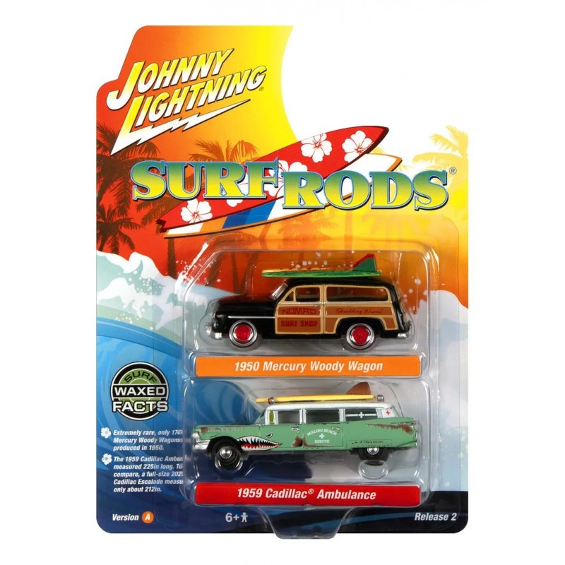 Johnny Lightning 2-Pack Surf Rods 1950 Mercury Woody Wagon & 1959 Cadillac Ambulance